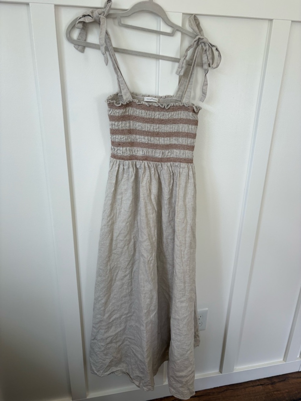 Tie-Shoulder Smocked Maxi Dress in Beige